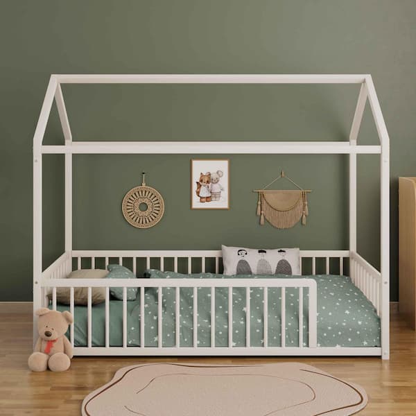 White Metal Frame Twin Platform Bed with Fence for Kids and Toddlers