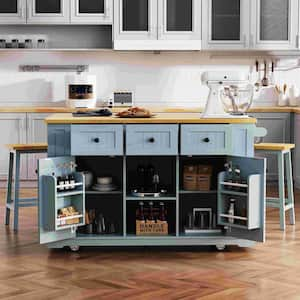 Gray/Blue Wood 53 in. Kitchen Island with 2-Bar Stools, Drop Leaf, 3-Drawers, Rolling Kitchen Cart with 3-Drawers