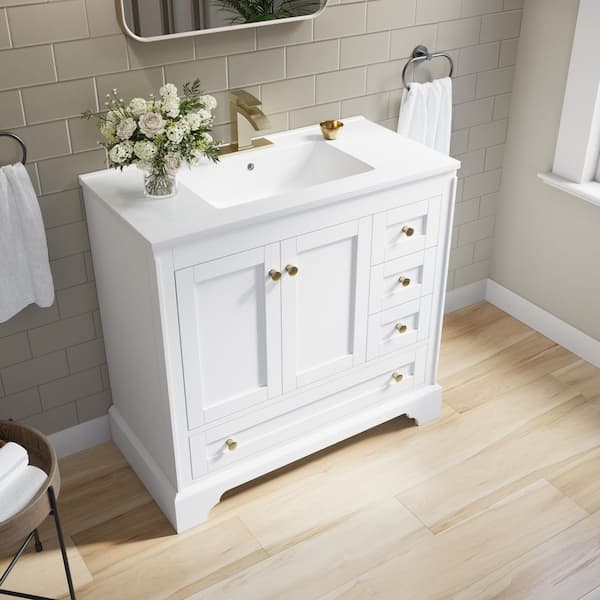 Modern 36 in. Solid Wood Single Sink Freestanding White Bath Vanity with White Ceramic Top