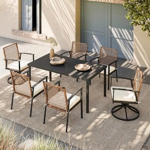Brown 7-Piece Wicker Rectangular Outdoor Dining Set with Beige Cushions
