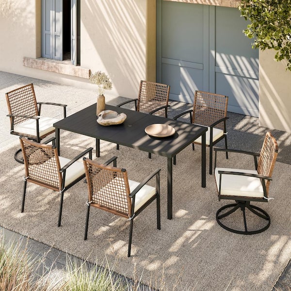 LAUSAINT HOME Brown 7 Piece Wicker Rectangular Outdoor Dining Set with Beige Cushions FSS007 001 S The Home Depot