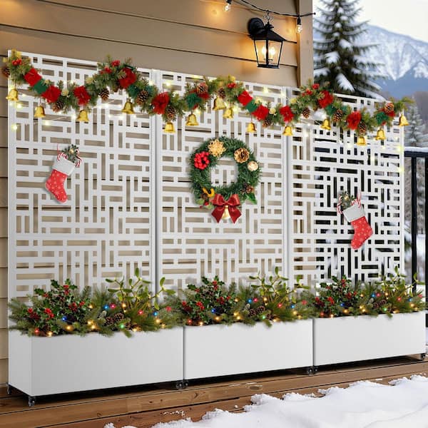 35 in. x 16 in. x 71 in. White Metal Raised Garden Planter Box with Trellis, Rolling Wheels