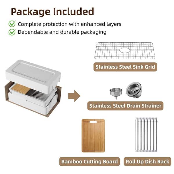 30 in. L x 19 in. W Undermount/Drop In Fireclay Kitchen Sink, Workstation Single Bowl in Gloss White, Full Accessories