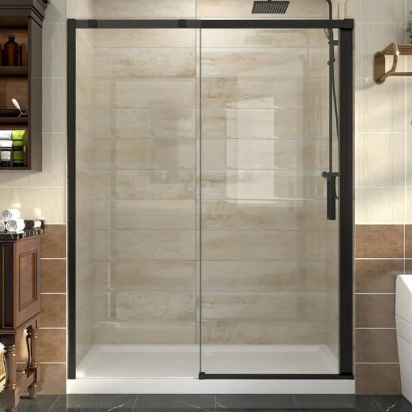 ANGELES HOME 56-60 in. W x 74 in. H Sliding Semi Frameless Shower Door 8 mm Clear Tempered Glass Stainless Steel Handle, Matte Black