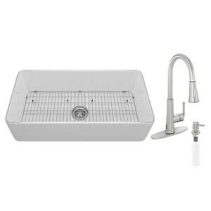 White Fireclay 36 in. Single Bowl Farmhouse Apron Kitchen Sink with Faucet and Accessories All-in-one Kit