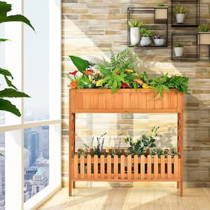 Outdoor 2-Tier 35.5 in. H Natural Wood Planter Raised Garden Bed Elevated Planter Box Kit with Liner and Shelf
