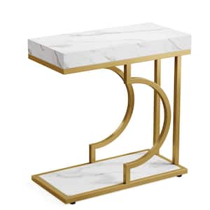 Kerlin 23.6 in. 1-Piece White and Gold C Shaped Wood Narrow Side Table Modern End Side Table with 2-Shelf