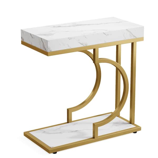 BYBLIGHT Kerlin 23.6 in. 1-Piece White and Gold C Shaped Wood Narrow Side Table Modern End Side Table with 2-Shelf