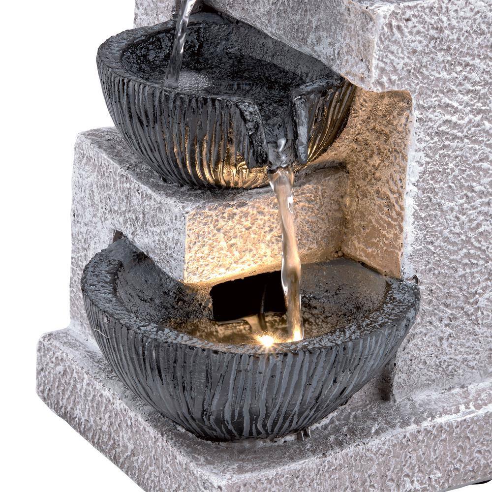 14" Gray Resin Cascading Bowl Tabletop Fountain with LED Lights