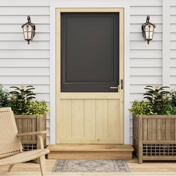30 in. x 80 in. Single Universal Paneled Unfinished Pine Wood and Gauze Mesh Hinged Screen Door