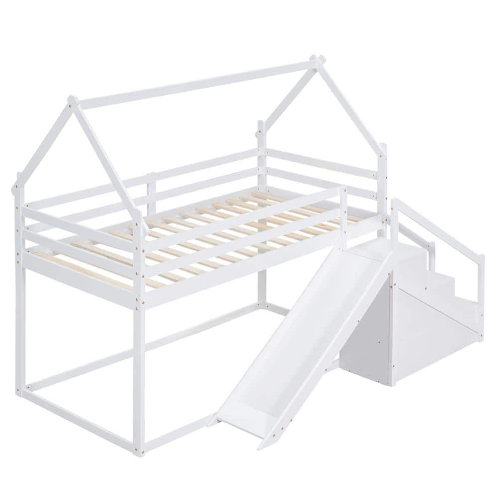 Harper & Bright Designs White Wood Frame Twin Over Twin House Bunk Bed ...