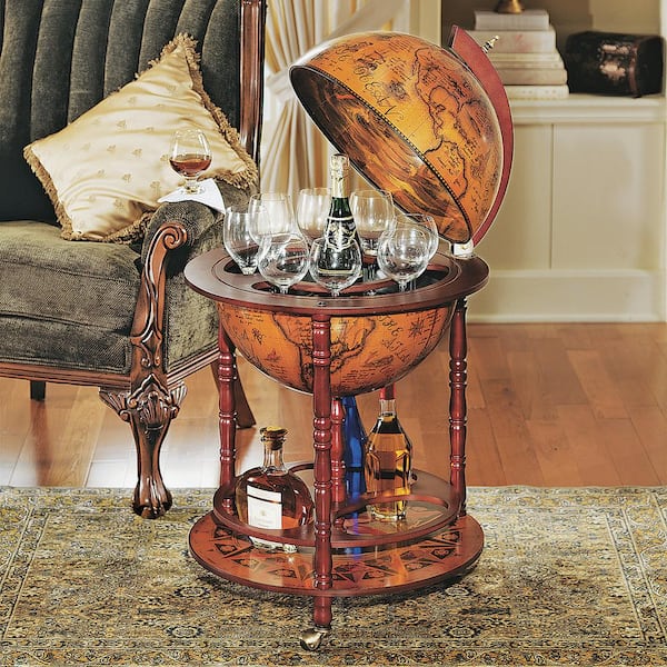 Design Toscano 16th Century Italian Replica Beige Globe Bar Cart With Wood Top Sepia