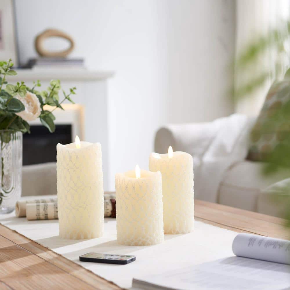Lacy White Painted Raised Pattern LED Unscented Candles (Set of 3)