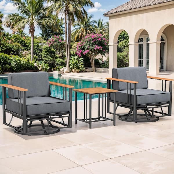 Minimalism Metal 3-Pieces Black Outdoor Patio Conversation Rocking Chair Swivel Glide with Table and Dark Gray Cushions