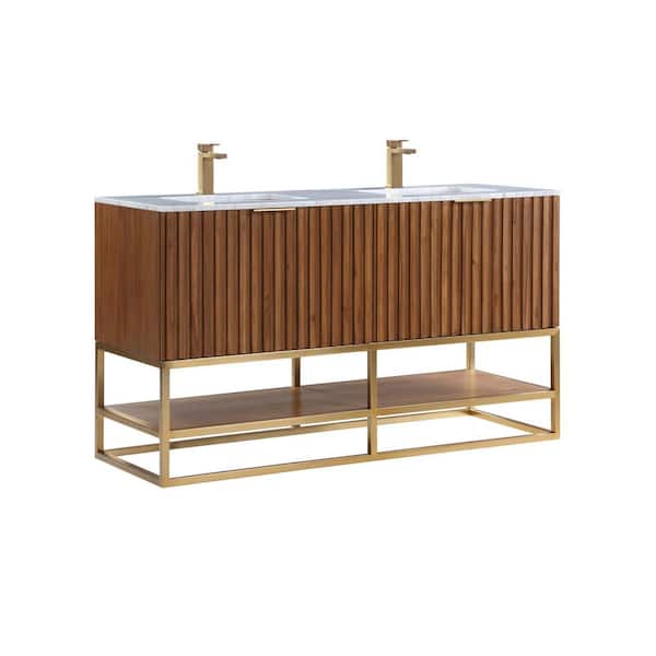 BEMMA Terra 60 in. W x 22 in. D x 34 in. H Bath Vanity in Walnut and Brass with Marble Vanity Top in White with White Basin
