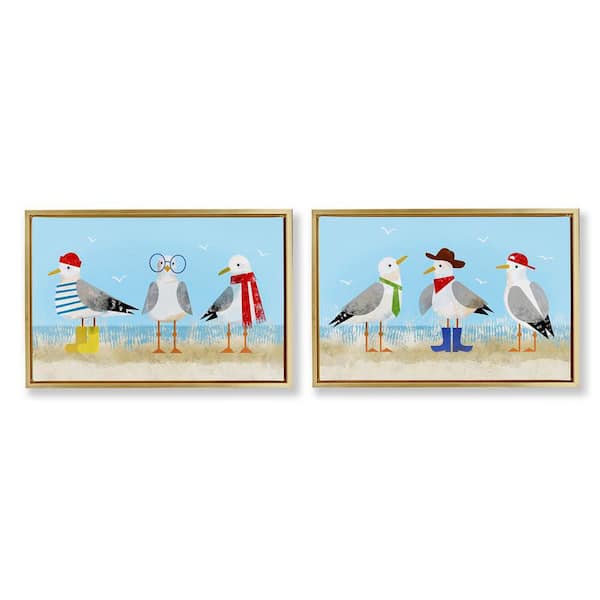 Stylish Seagulls at Beach by Victoria Barnes 2-Pieces Gold Floater Frame Animal Graphic Art Print 21 in. x 31 in.