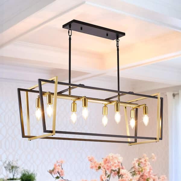 Industrial 8-Light Vintage Black and Gold Modern Industrial Cage Chandelier Light Fixture for Dining Room or Kitchen
