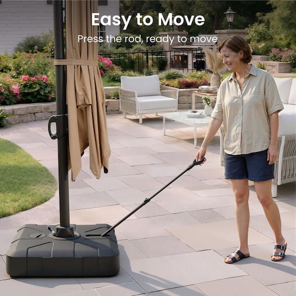 350 lb. Fillable Outdoor Cantilever Umbrella Base in Black HDPE Patio Umbrella Stand w/ Wheels and Retractable Pull Rod