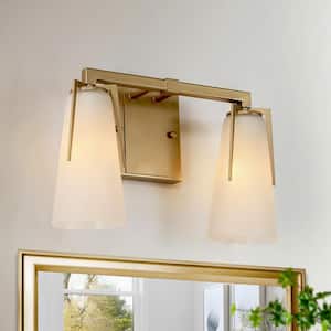 14 in. Modern Bathroom Vanity Light, 2-Light Contemporary Gold Wall Sconces with Bell Frosted Glass Shades