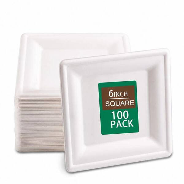 6 in. Natural White Disposable Sugarcane Fiber Square Plates Eco-Friendly Compostable Tableware 100 pcs
