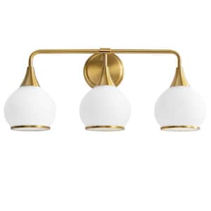 22.4 in. 3-Light Brushed Gold Bathroom Vanity Light with White Globe Glass Shades