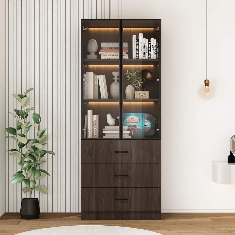 78.7 in. Tall Walnut Wood 3-Shelf Standard Bookcase with Glass Doors, Adjustable Lights and 3 Drawers, Display Cabinet price history on PriceWatchPro
