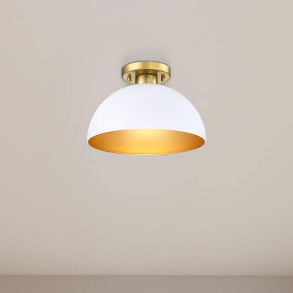 Designers Fountain 12 in. 1-Light Satin White Modern Entryway Semi-Flush Mount with Metal Shade