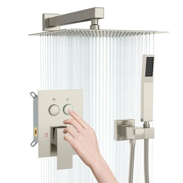 LORDEAR 10 in. Rain 2-Spray Wall Mount Fixed and Handheld Shower Head,1.8 GPM Brushed Nickel Button Diverter Shower System