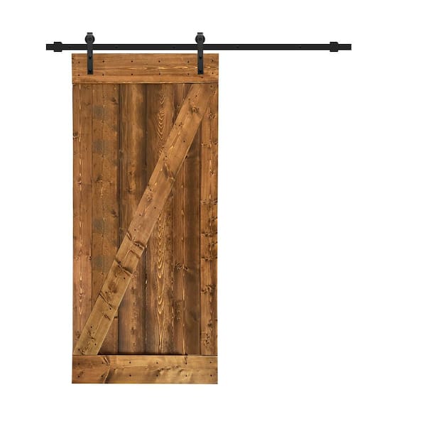 CALHOME 24 in. x 84 in. Z Bar Walnut Stained Solid Knotty Pine Wood Interior Sliding Barn Door with Sliding Hardware Kit