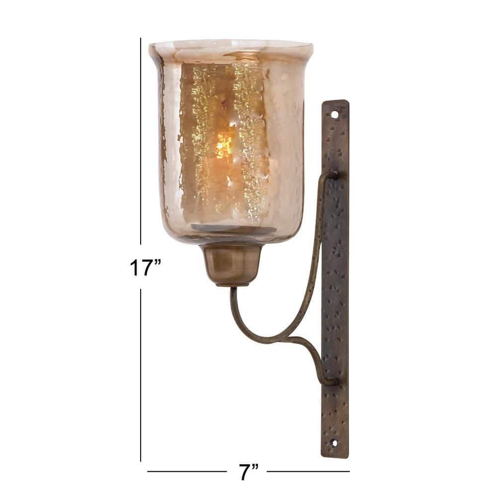 Bronze Geometric Handmade Pillar Wall Sconce with Amber Glass, 7" x 9" x 17"