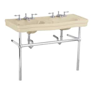 Vitreous China Gloss Finish Double Basin Bathroom Console Sink in Biscuit with Legs and Towel Bar