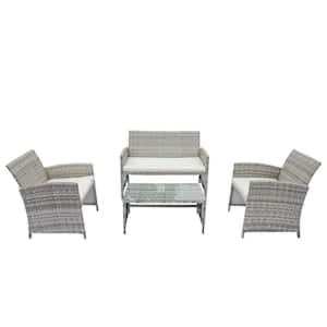 Gray and White 4-Piece Wicker Outdoor Sectional Set with White Cushions and Coffee Tables