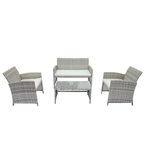 Zeus & Ruta Gray and White 4-Piece Wicker Outdoor Sectional Set with White Cushions and Coffee Tables