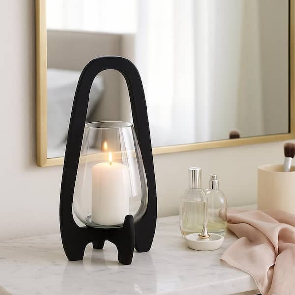 Liv & Skye 15 in. Black Wood and Glass Hurricane Lantern Candle
