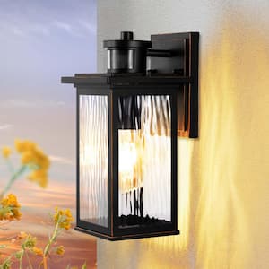 12 in. Black Dusk to Dawn Outdoor Hardwired Wall Lantern Sconce with No Bulbs Included