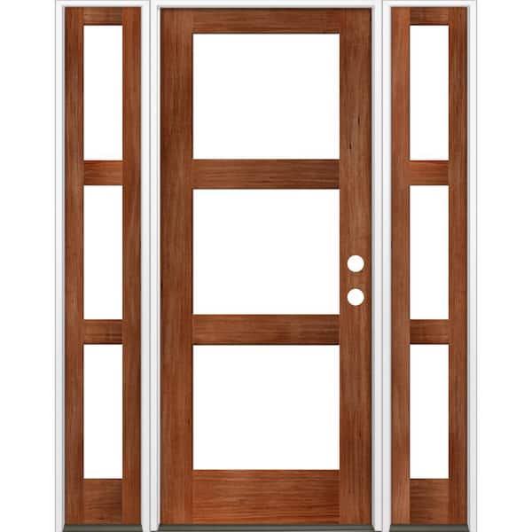 Krosswood Doors 64 in. x 96 in. Modern Hemlock Left-Hand/Inswing 3-Lite Clear Glass Red Chestnut Stain Wood Prehung Front Door with DSL