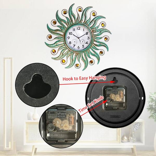 25 in. Outdoor Wall Clock with Thermometer and Hygrometer, Sun