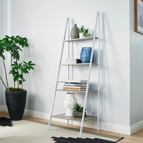 Mixed Material Storage Furniture 70.87 in. H x 20 in. D Smoky Taupe 4-Shelf Ladder Bookcase