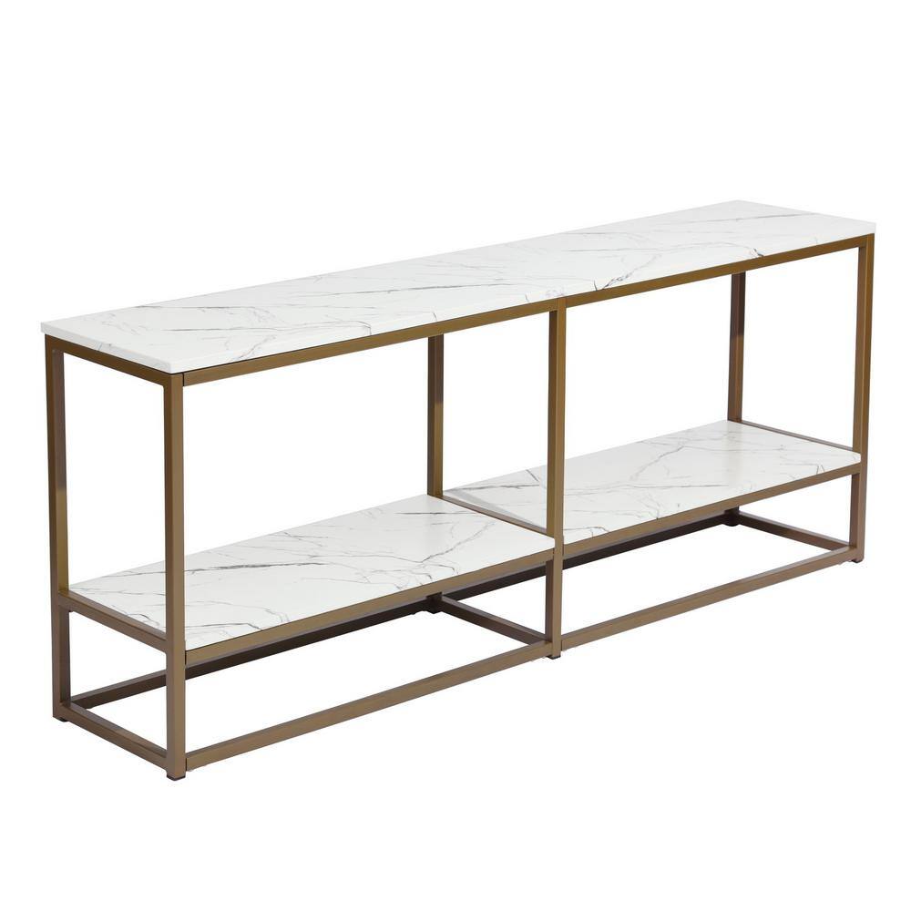 Homy Casa Adria 59.8 in. White Faux Marble TV Stand with Gold Metal