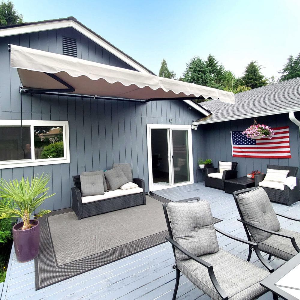 Sand Polyester Motorized Retractable Patio Awning with Black Frame