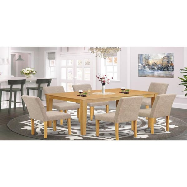East West Furniture 7-Piece Rectangle Natural Oak Finish Solid Wood Top Dining Table with 6 Parson-Chairs with Lattice Back