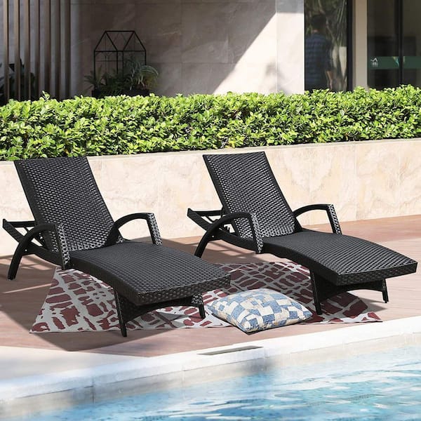Aluminum 4-Level Adjustable Wicker Outdoor Lounge Chair in Black (Set of 2)