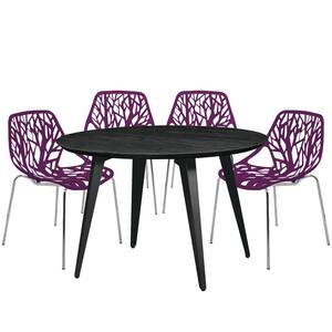 Ravenna 5-Piece Dining Set with 4-Stackable Plastic Chairs and Round Table with Metal Base, Purple