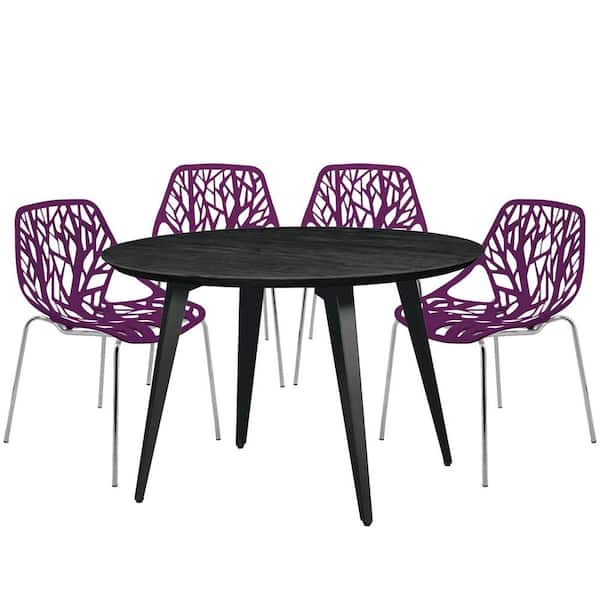 Leisuremod Ravenna 5-Piece Dining Set with 4-Stackable Plastic Chairs and Round Table with Metal Base, Purple