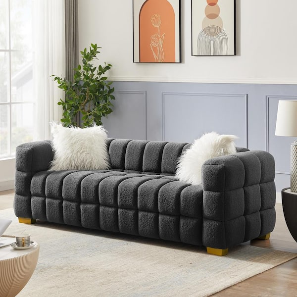 KINWELL 82 in. W Square Arm Polyester 3-Seater Rectangle Sofa in Gray with Toss Pillows