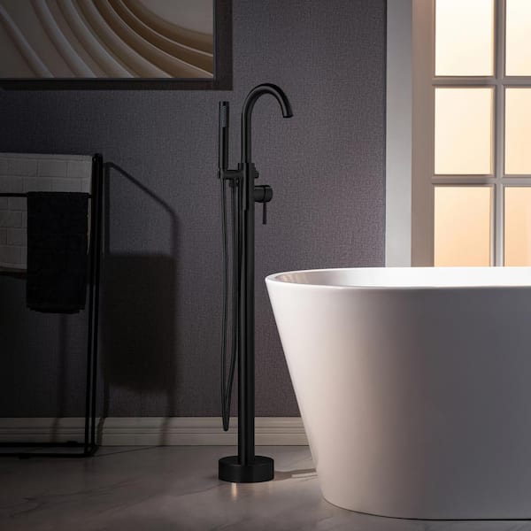 WOODBRIDGE Derby Single-Handle Freestanding Floor Mount Tub Filler Faucet with Hand Shower in Matte Black