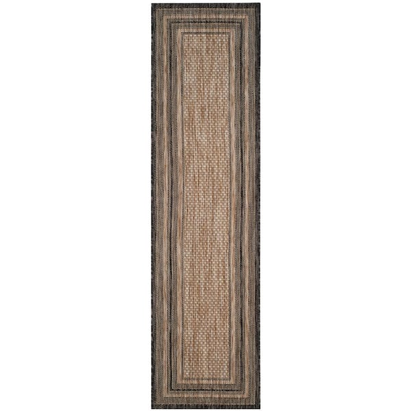 Courtyard Natural/Black 2 ft. x 22 ft. Solid Color Striped Indoor/Outdoor Runner Rug