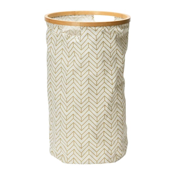 HOUSEHOLD ESSENTIALS Tan Chevron Round Krush Hamper with Bamboo Rim