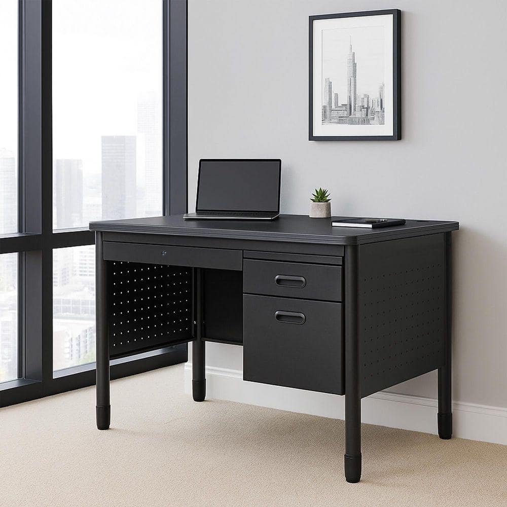 Mesa 48 in. Grey Steel Single Pedestal Teacher's Office Desk with Center Drawer