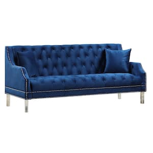 Carly 77 in. Blue Velvet 3-Seater Tufted Sofa